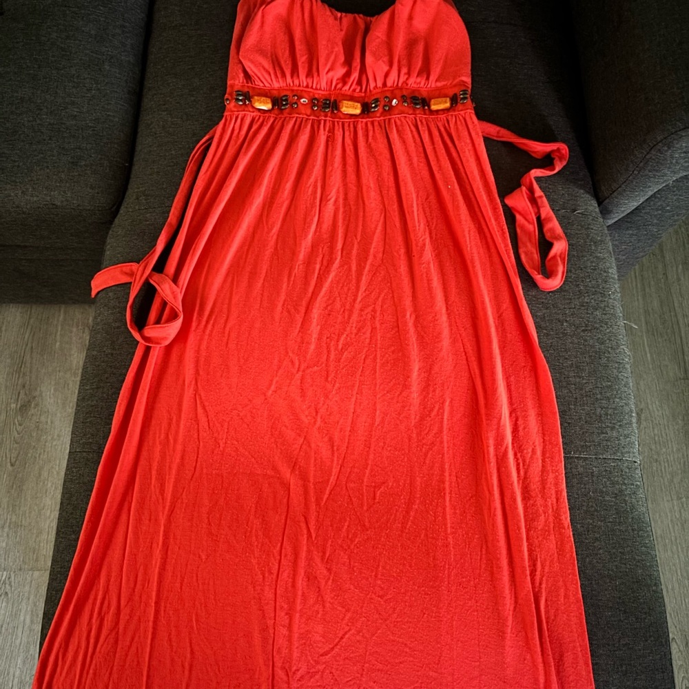 Orange Strapless Maxi Dress with Beaded Waist